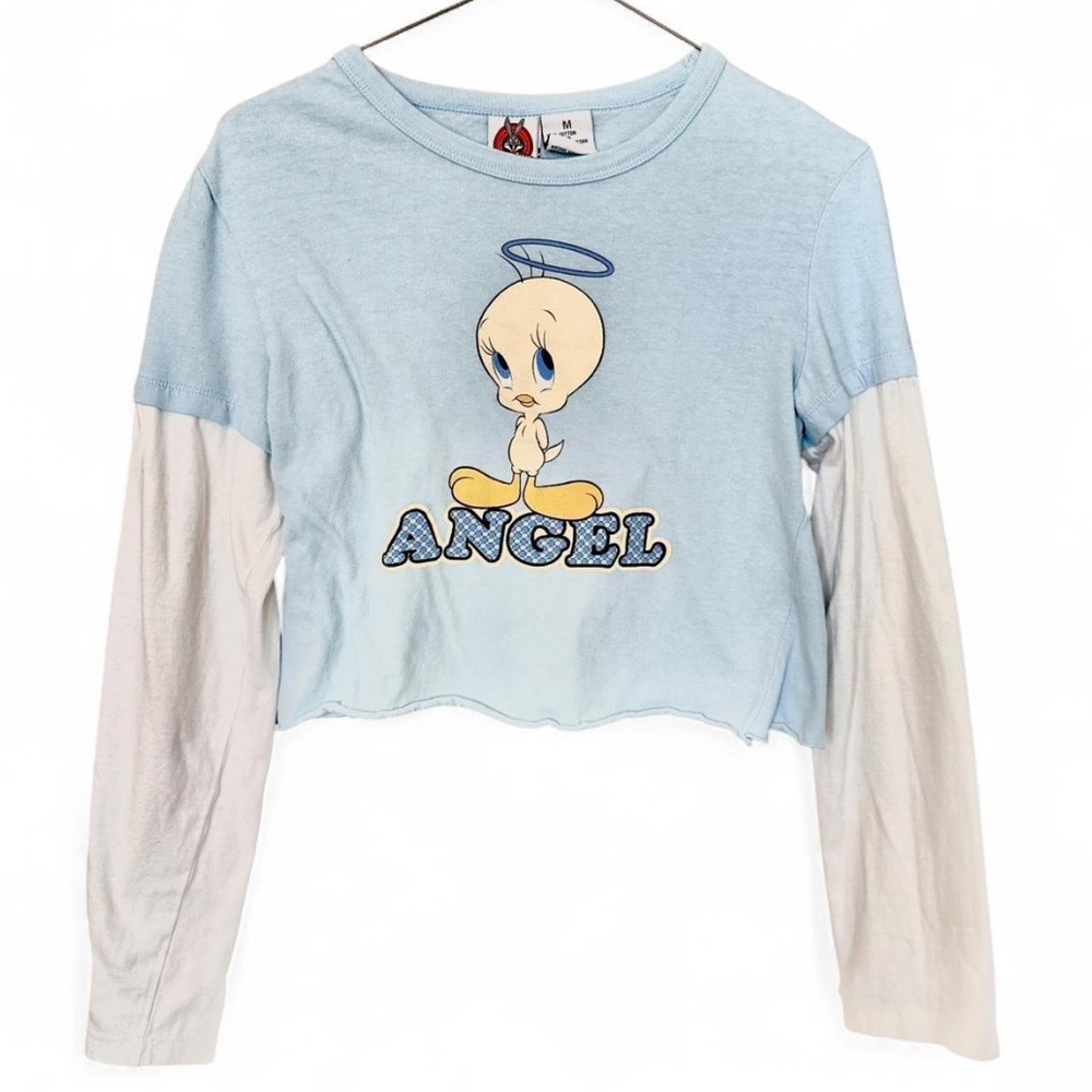 Sz M Y2K Looney Tunes Long Sleeve Baby Blue Tweety Bird Angel Layered Crop Top